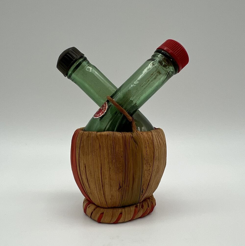 Intertwined Green Glass Wine Bottle Salt Pepper Shakers in Basket Vintage Italy